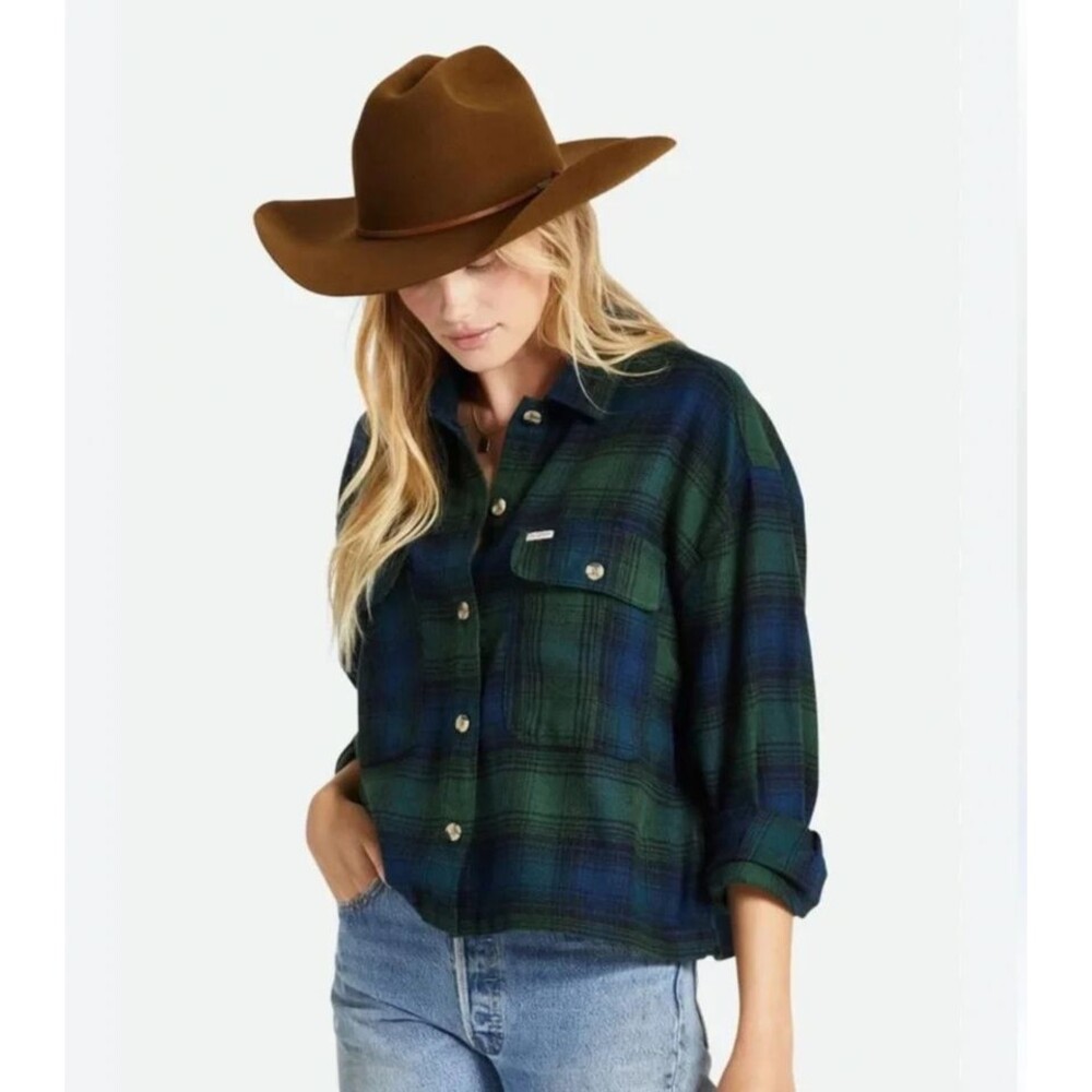 Brixton Original Bowery Flannel Womens L Green Blue Plaid Cropped Boxy Shirt